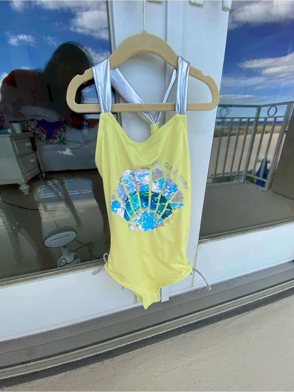 Justice Girls Yellow One-Piece Swimsuit with Silver Shell Accent